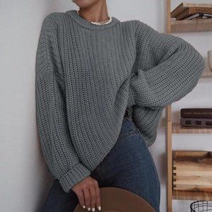 Oversized Sweater Casual Long Sleeve Crew Neck Pullover Sweater Medium Gray